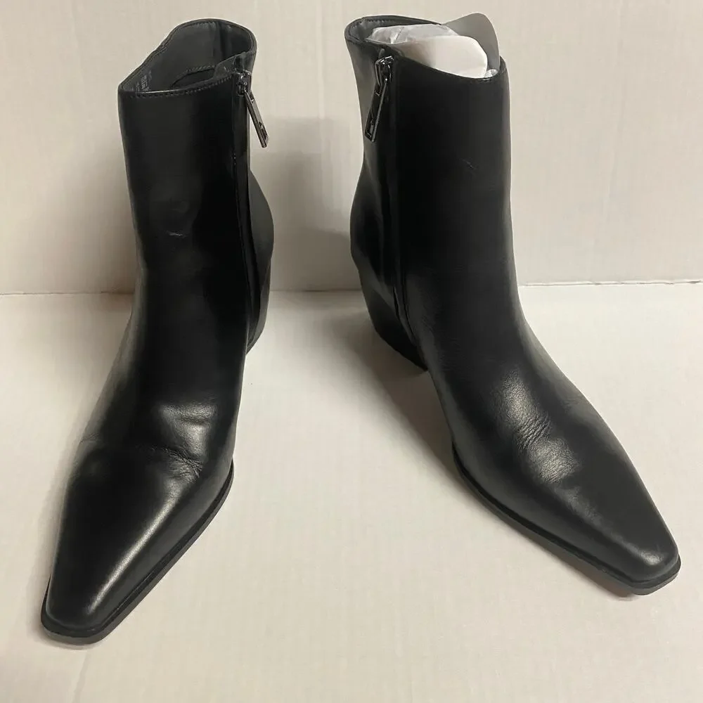 NIB New Franco Sarto Black Leather Vivian Western Block Heel Booties Women's 8
